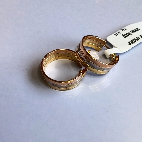 18K Gold Hoop Earrings Chunky Tricolor Wide NEW Au750...